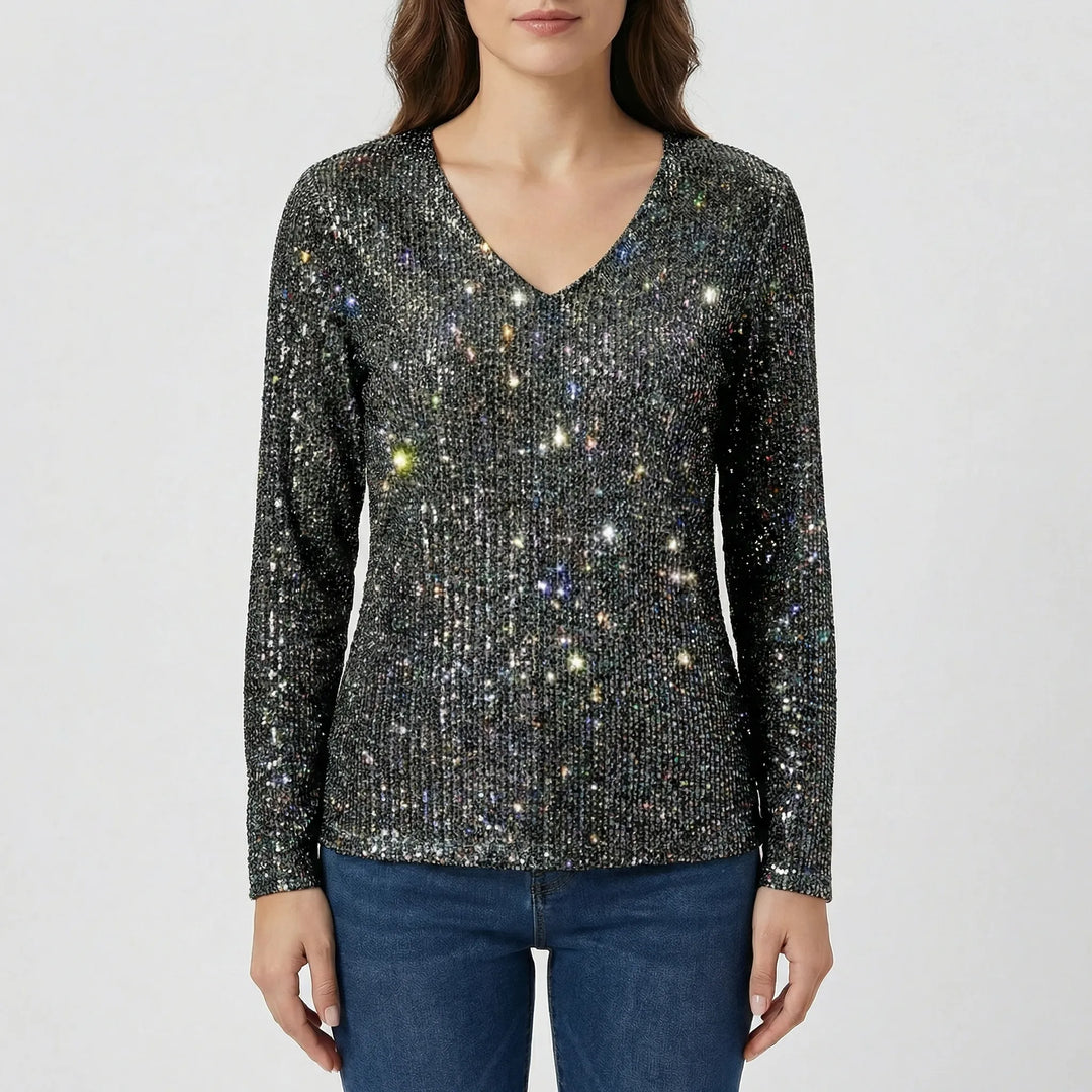 Lana women's shimmer V-neck long-sleeve blouse. A flattering and elegant long sleeve top.