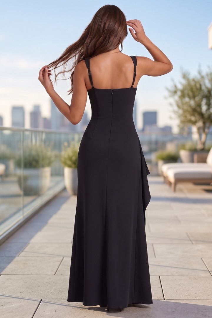 Elegant women's long evening dress with a stylish side slit and flattering square neckline.