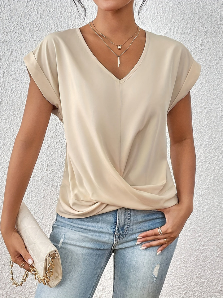 Elegant workwear: Women's silky V-neck short sleeve top with a chic twist-front, versatile for day & night.