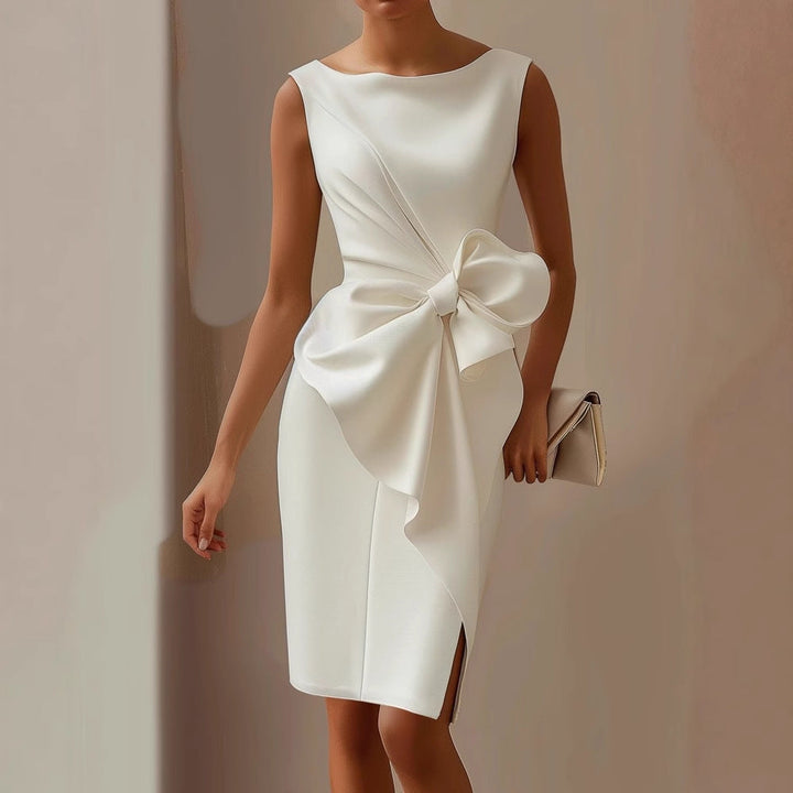 Elegant women's sleeveless cocktail dress with a sophisticated bow detail, perfect for parties & special occasions.