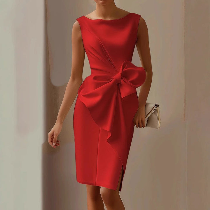 Women's elegant party dress, sleeveless with a beautiful bow detail. Perfect for cocktails and formal events.