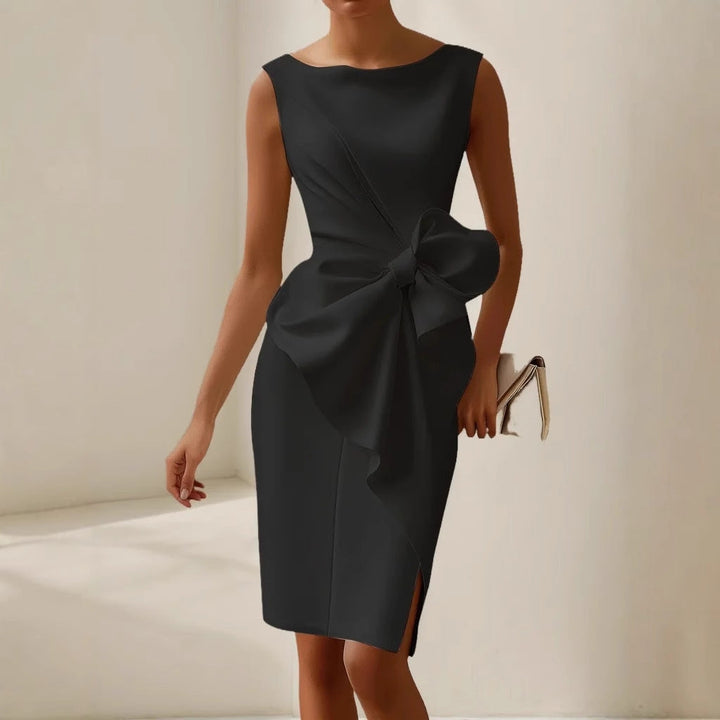 Sophisticated women's sleeveless dress with draped design and elegant bow detail, ideal for special occasions.