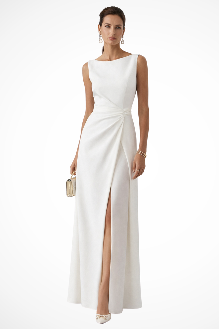 Elegant women's sleeveless maxi dress with a graceful side slit, perfect for evening or formal occasions.