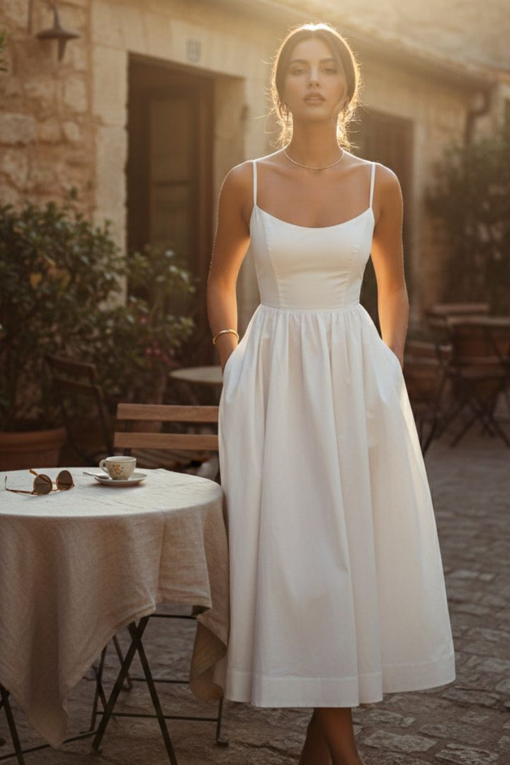Elegant women's sleeveless scoop neck midi cocktail dress for parties & special occasions. Classic fit-and-flare style.