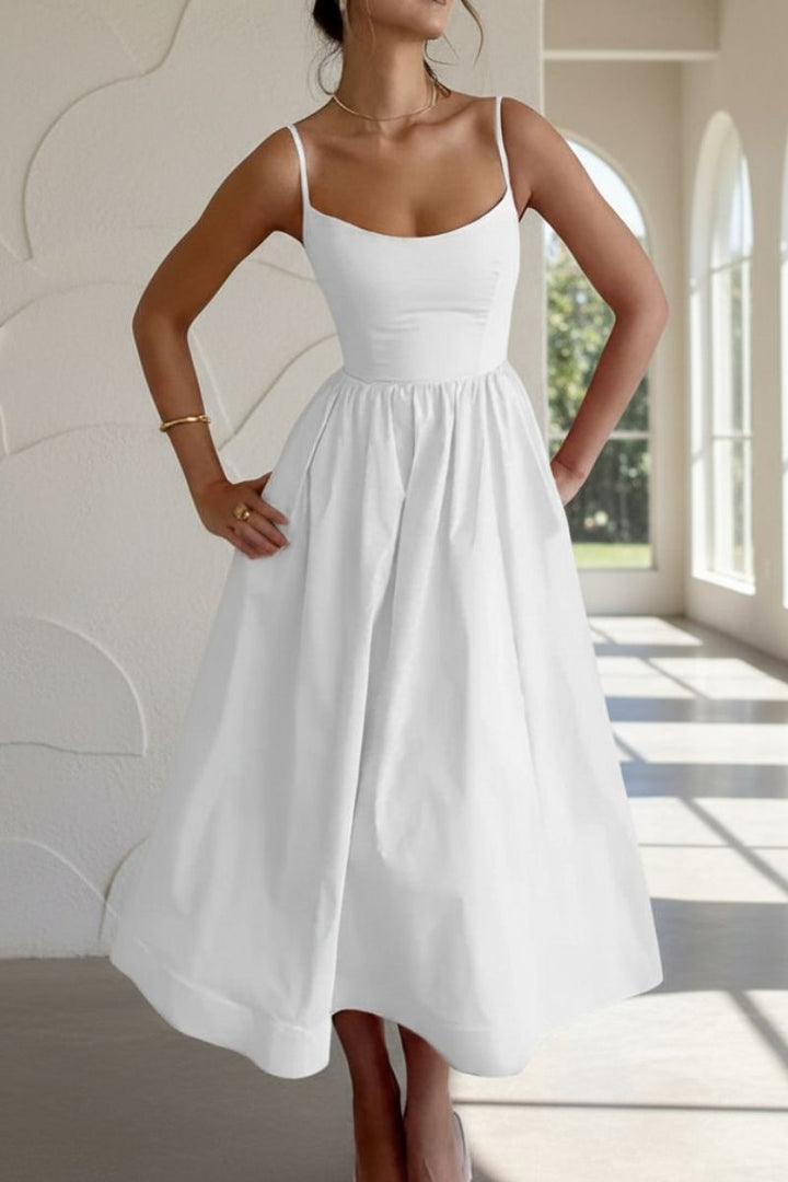 Women's formal sleeveless scoop neck midi dress, perfect for evening wear, cocktail parties & summer events.