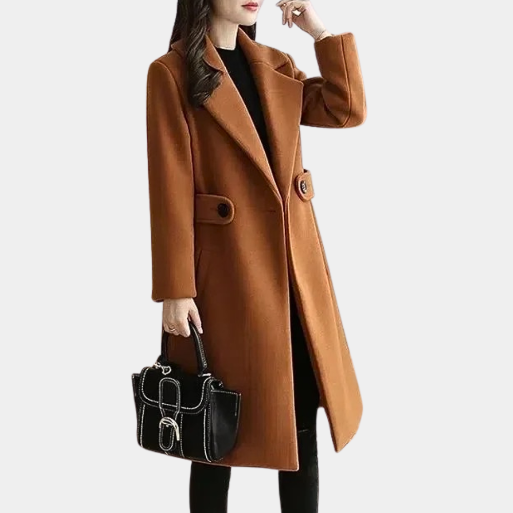 Elegant women's slim fit long coat with belted waist, perfect for fall & winter formal or casual chic styles.
