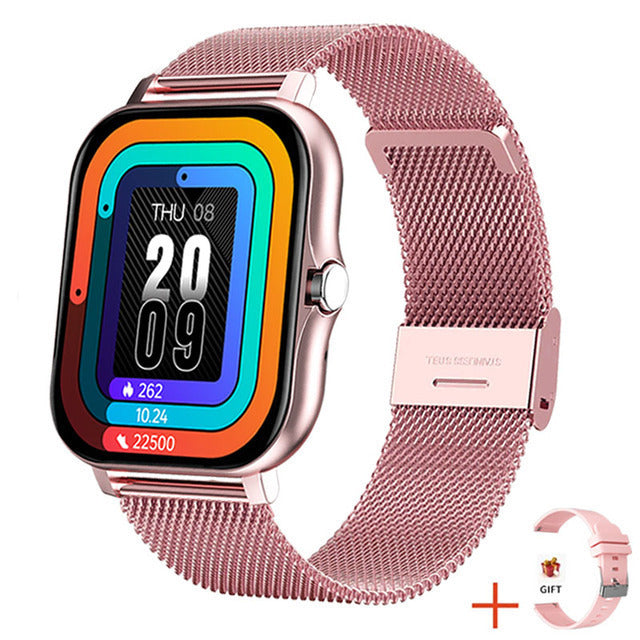 Close-up of a women's elegant fitness smartwatch with vibrant display & health tracking features.