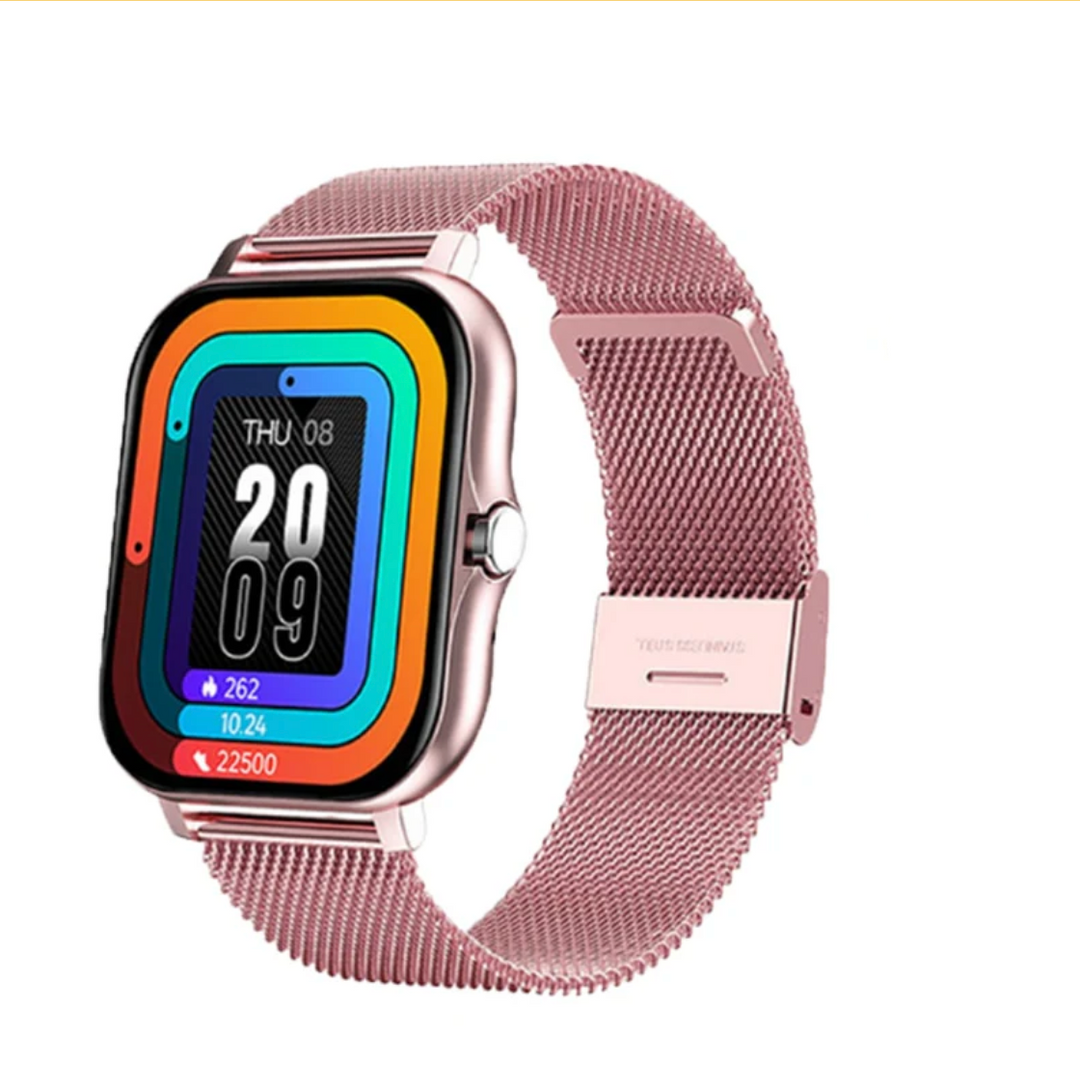 Stylish women's fitness smartwatch on wrist, tracking activity & health. Elegant digital watch accessory.