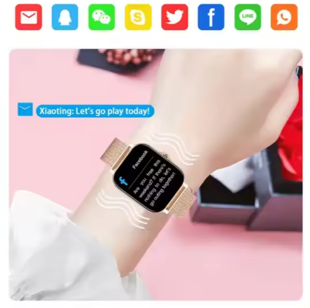 Digital women's smartwatch with elegant design, monitoring fitness, steps, heart rate, and sleep.