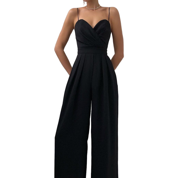 Elegant women's spaghetti strap wide-leg jumpsuit, perfect for evening wear & formal occasions.