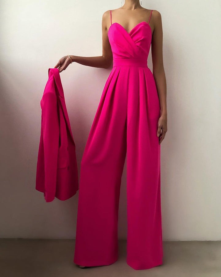 Comfortable yet elegant women's wide-leg jumpsuit. Features spaghetti straps, great for formal parties.