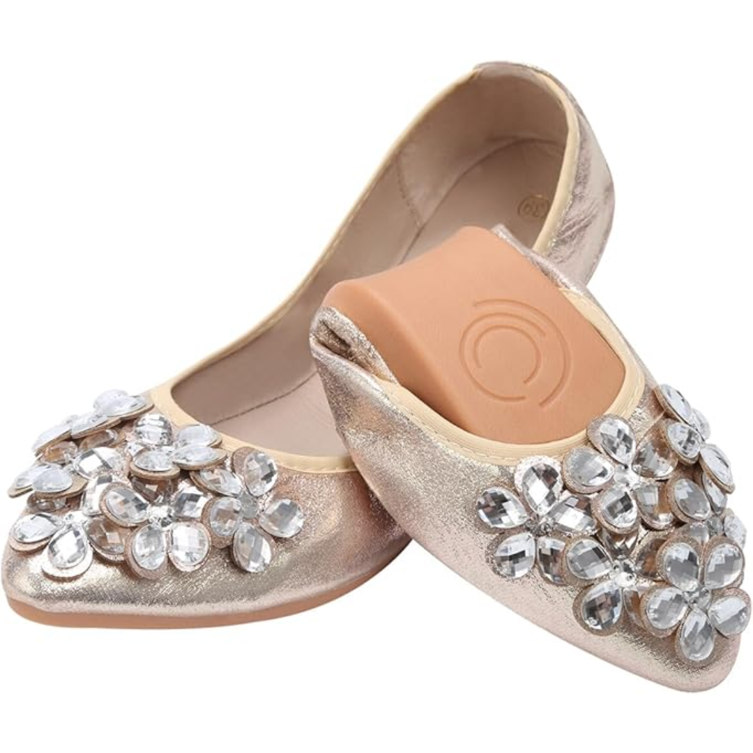 Cushioned women's sparkling rhinestone flats, designed for all-day comfort & stylish wear.