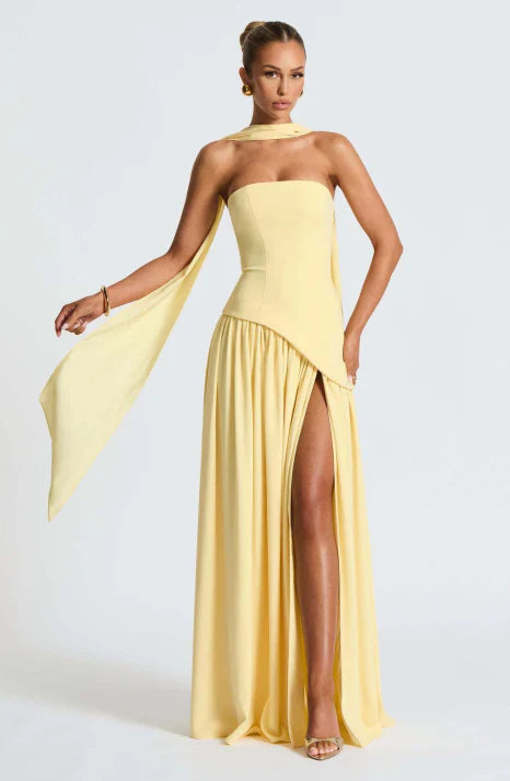 Stunning women's strapless flowing maxi formal dress, ideal as a party or wedding guest evening gown.