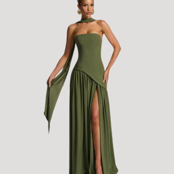 Chic women's long strapless pleated maxi dress, ideal for formal events.