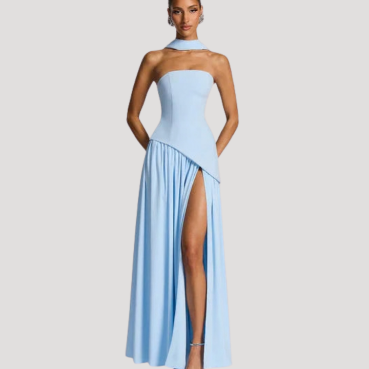 Luxurious elegant strapless pleated maxi dress, women's evening wear.