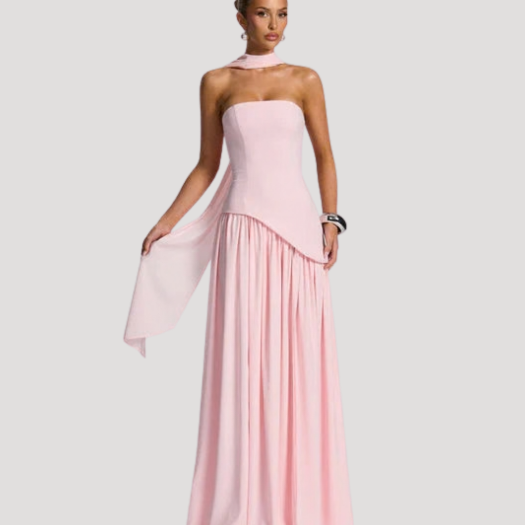 Chic formal evening women's strapless pleated maxi dress, party ready.