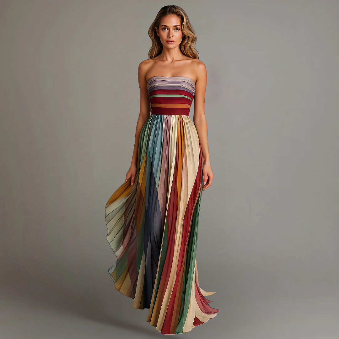 Elegant women's strapless rainbow pleated maxi dress, perfect for summer parties, vacations, and resort wear.