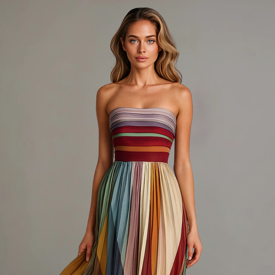 Flowy strapless rainbow pleated maxi dress for women, ideal for elegant summer style and comfortable resort wear.
