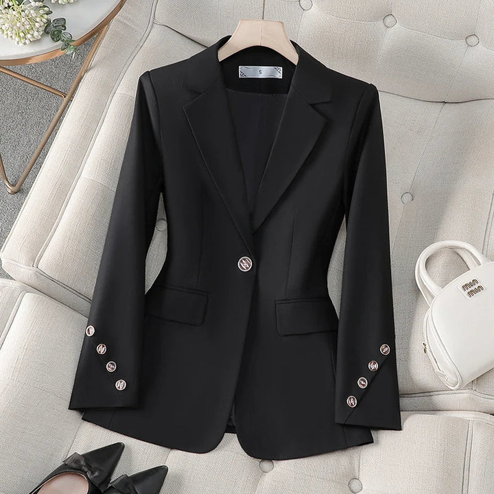 Black women's tailored blazer, ideal for professional workwear & business casual office fashion.