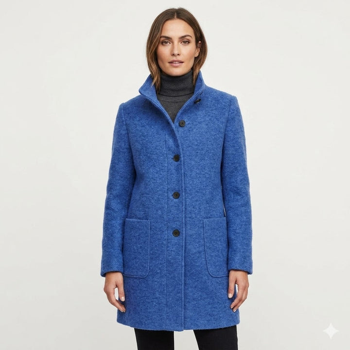 Elegant women's tailored mid-length coat with button closure, perfect for fall and winter sophisticated style.