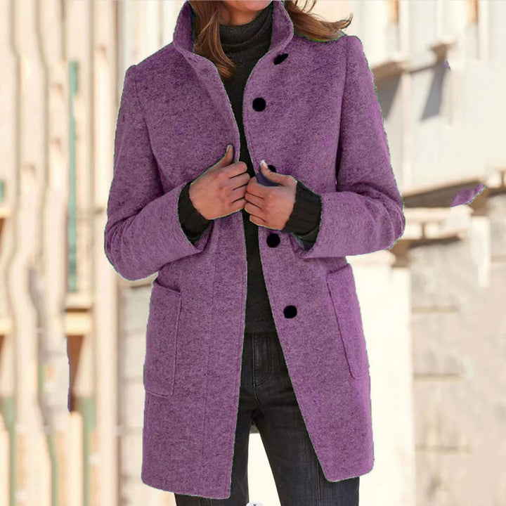 Stylish women's long sleeve tailored coat, mid-length design with button closure for an elegant everyday look.