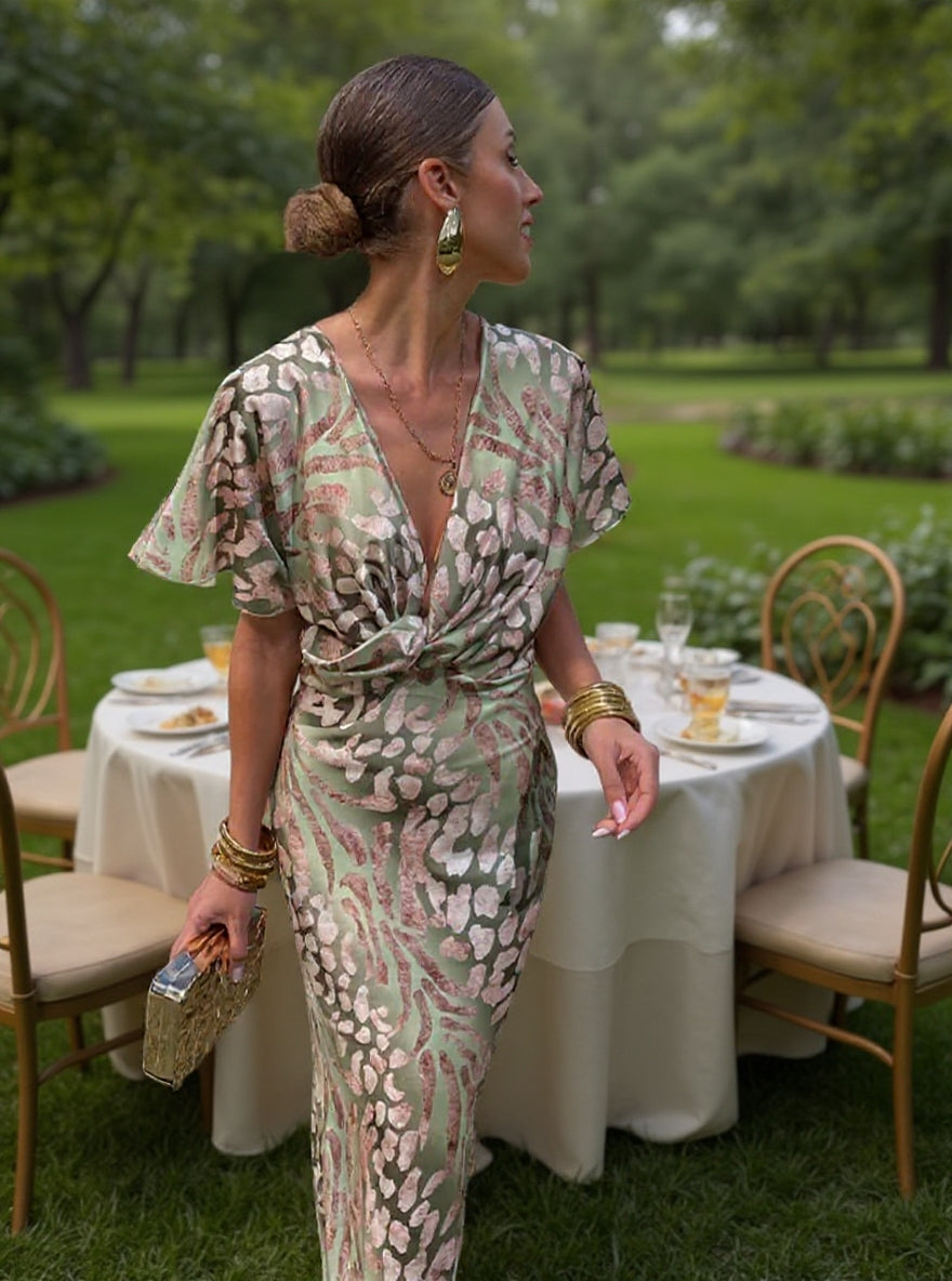 Women's elegant twist front maxi dress, V-neck, flutter sleeves, versatile for parties & formal events.