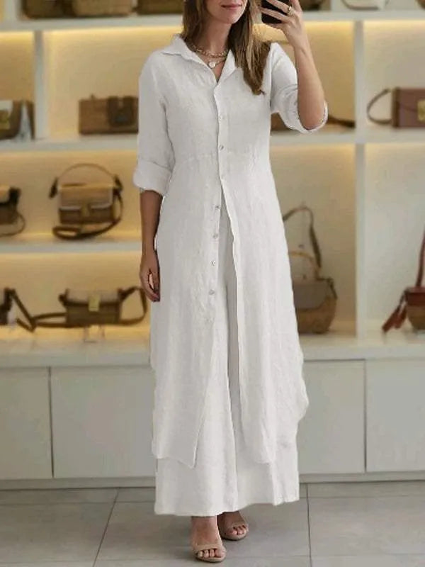 Fashionable women's two-piece set, featuring an elegant dress and wide-leg pants. Ideal for office to evening.