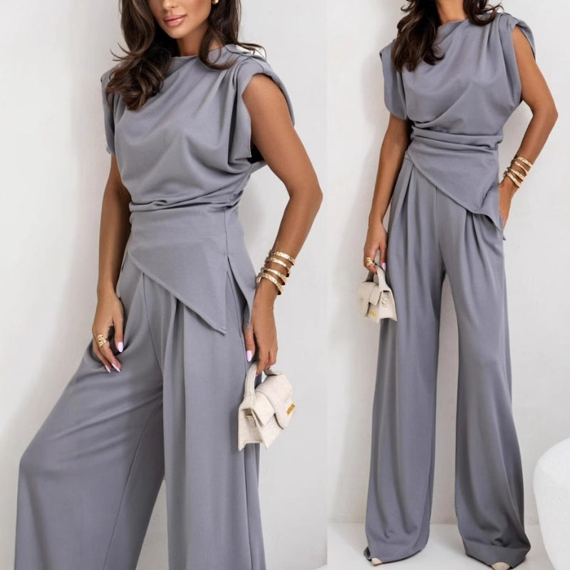 Versatile women's two-piece pants set, an elegant modern outfit for work or casual wear.