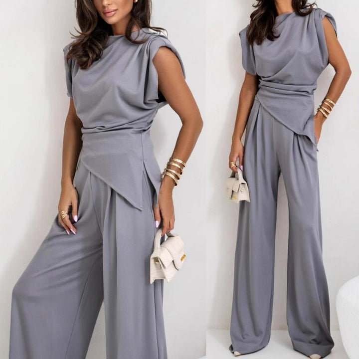 Versatile women's two-piece pants set, an elegant modern outfit for work or casual wear.