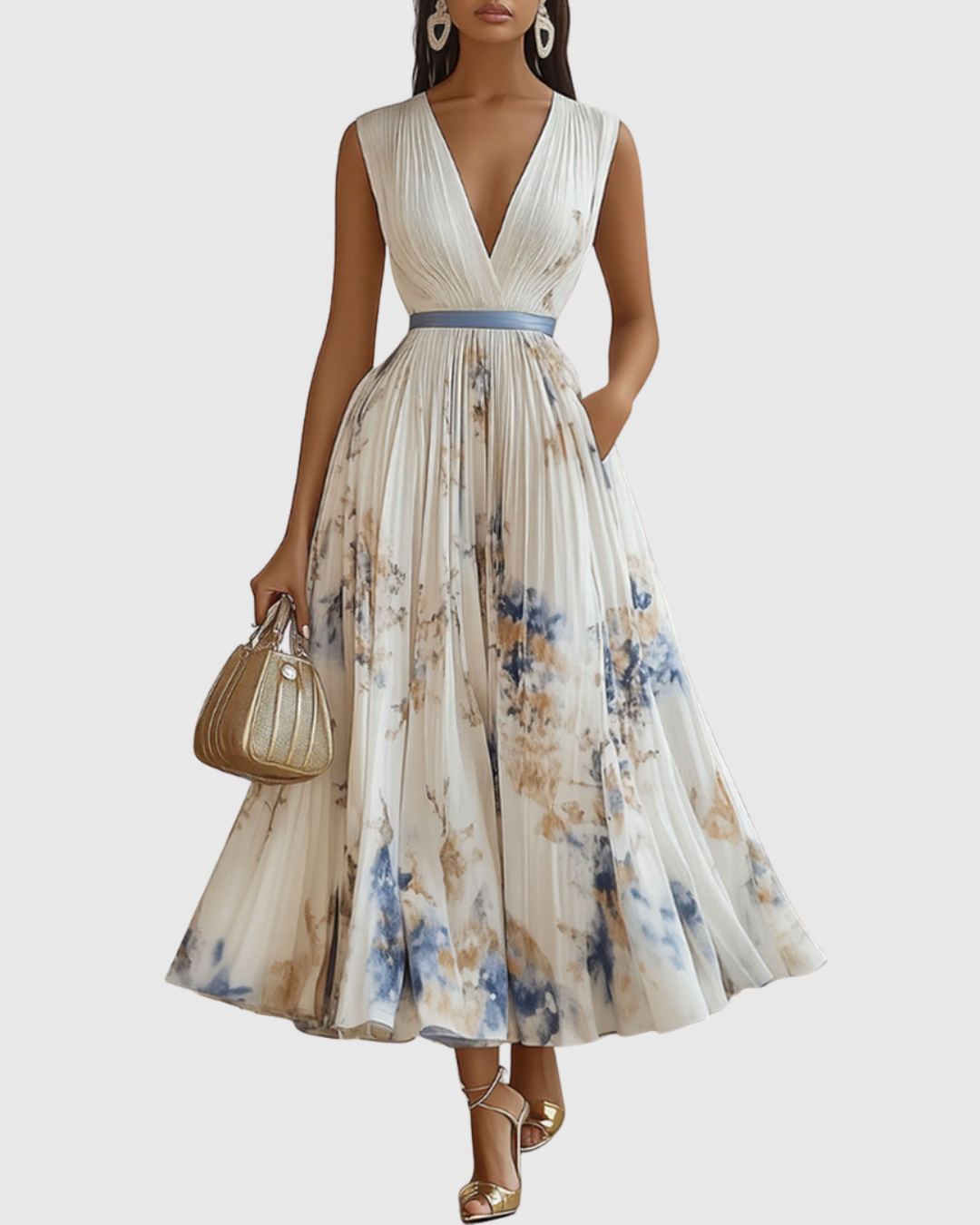 Elegant women's V-neck A-line midi dress, perfect for parties & formal events.