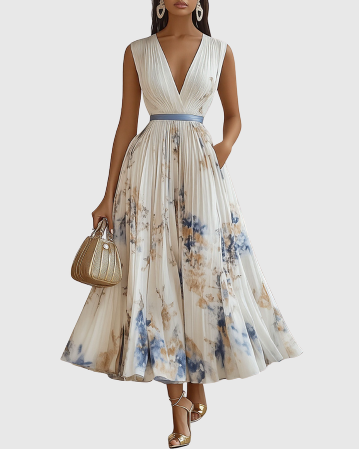 Elegant women's V-neck A-line midi dress, perfect for parties & formal events.