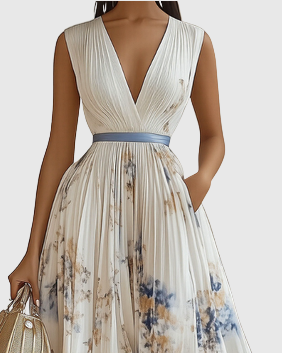 Close-up of elegant V-neck A-line midi dress fabric, showcasing quality and style.