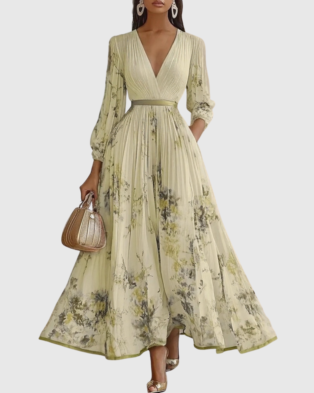 Side profile of a woman in a stylish V-neck A-line midi dress, perfect for summer fashion.