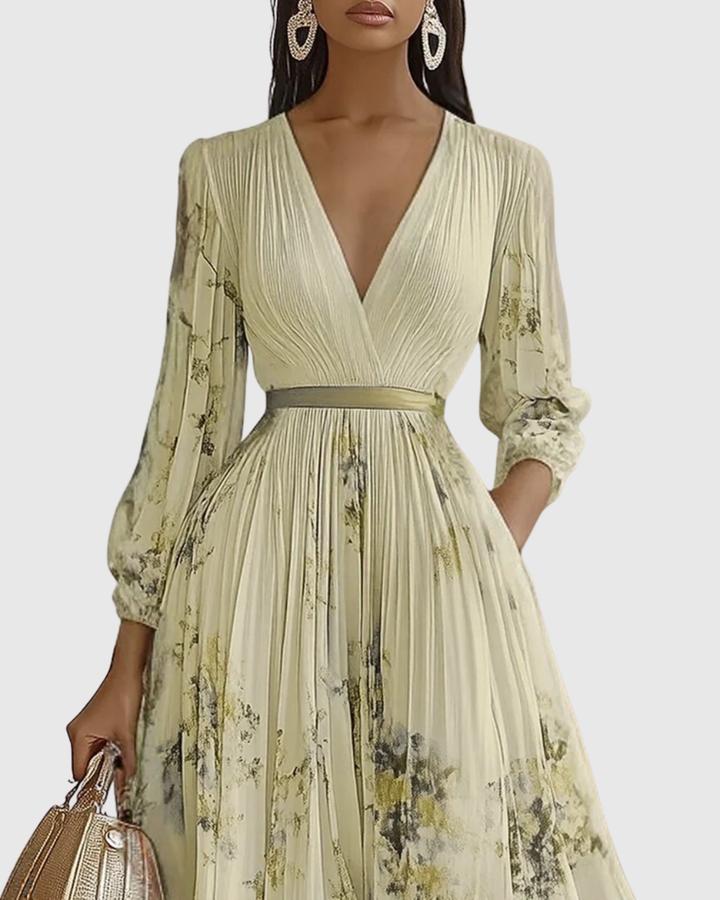 V-neck A-line midi dress for women, styled casually with sandals for summer chic.