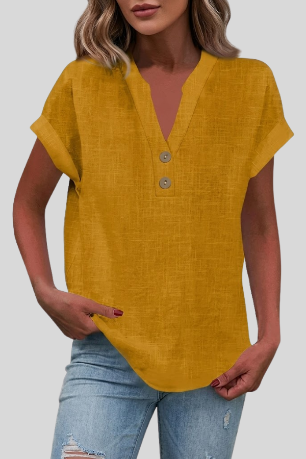Casual elegant V-neck button blouse for women, short sleeve, perfect for summer versatile style.