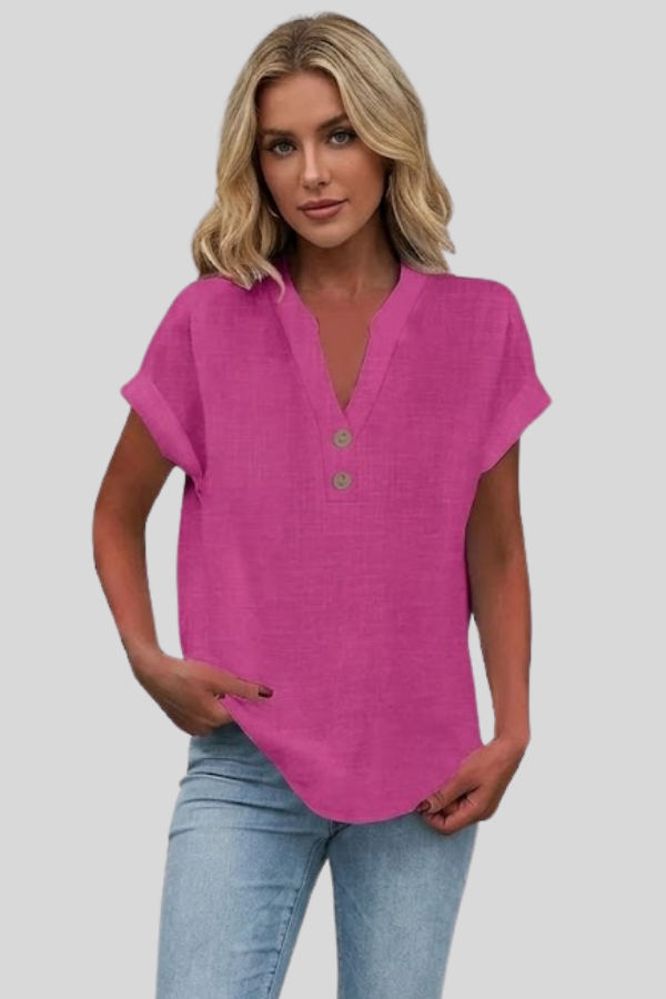 Women's relaxed fit V-neck blouse, button-front, elegant for office or summer casual outfits.