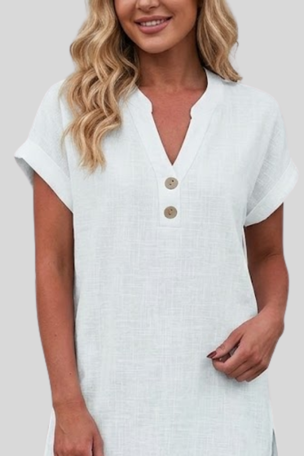 Versatile women's fashion blouse: V-neck, short sleeve, button-front, great for everyday style.