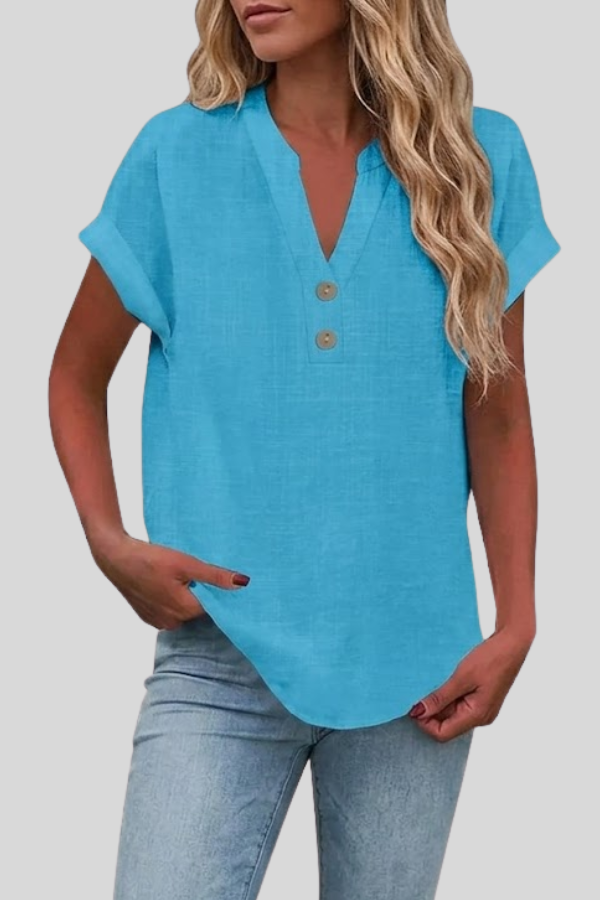 Stylish women's V-neck button blouse, short sleeve, offering casual elegant office wear.