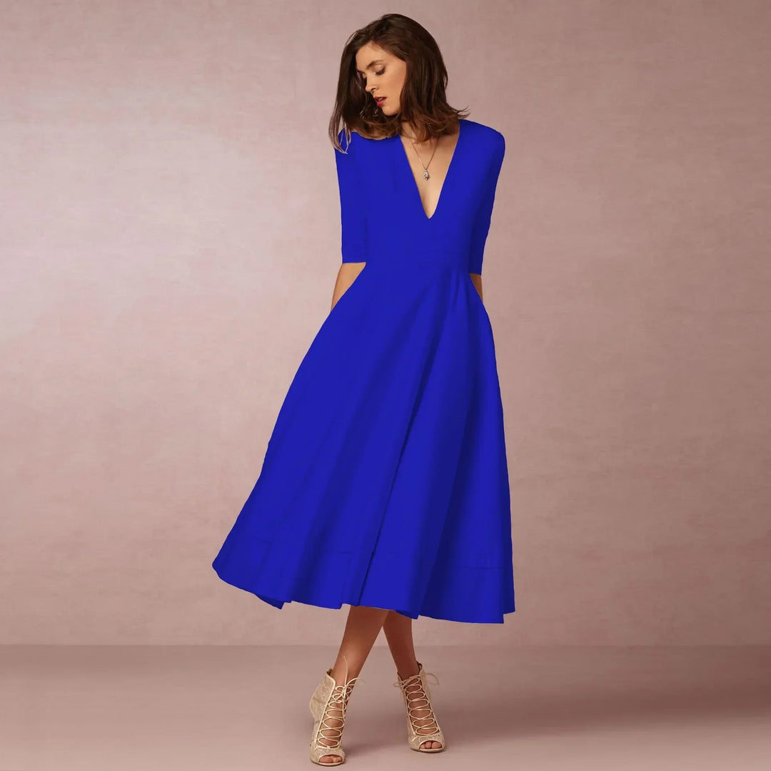Timeless black V-neck elbow-sleeve midi dress, women's sophisticated work & cocktail wear.