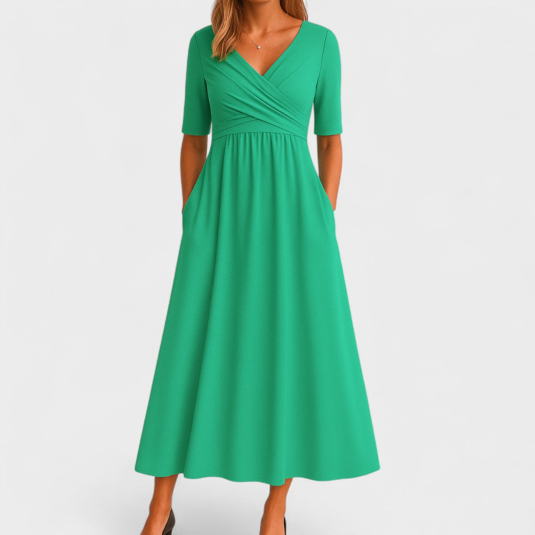 Flattering women's V-neck midi dress with elegant crossover waist. A comfortable and stylish everyday summer dress.