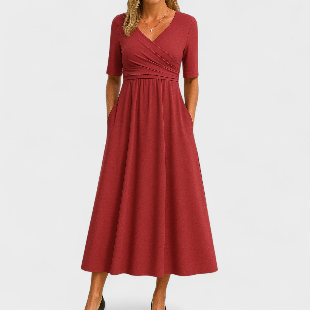 Spring/Summer women's V-neck midi dress, featuring a chic crossover waist for an elegant, versatile look.