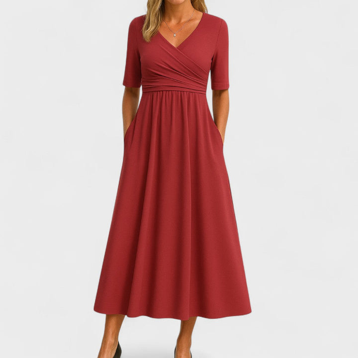 Spring/Summer women's V-neck midi dress, featuring a chic crossover waist for an elegant, versatile look.