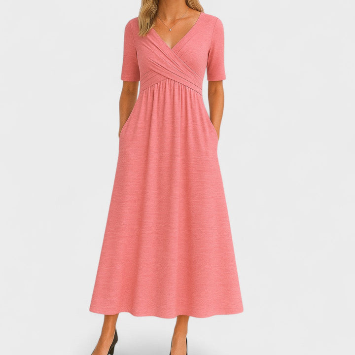 Stylish women's V-neck midi dress with crossover waist; an elegant, versatile everyday dress for work or casual wear.