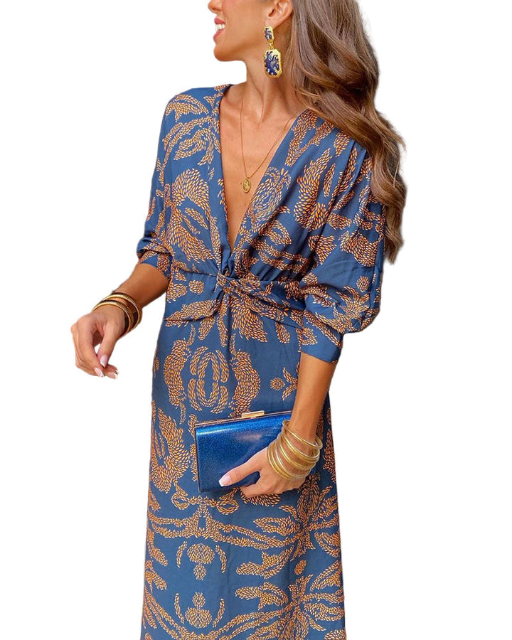 Elegant women's V-neck midi dress with knot detail, perfect for formal parties & evening wear.