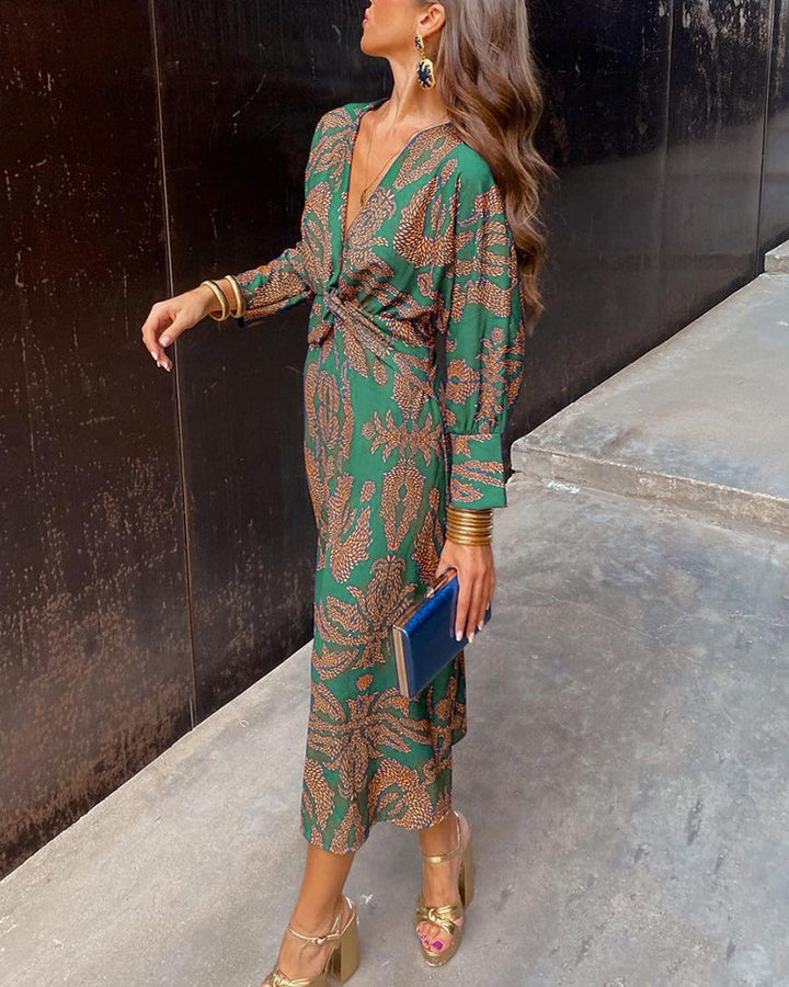 Sophisticated women's V-neck midi dress, featuring an elegant knot and flowy design for parties.