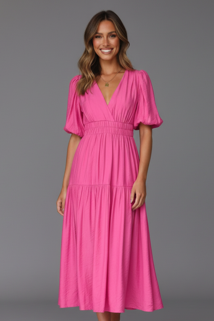 Day to night women's V-neck midi dress with an elegant layered hem. A chic and versatile addition to any wardrobe.