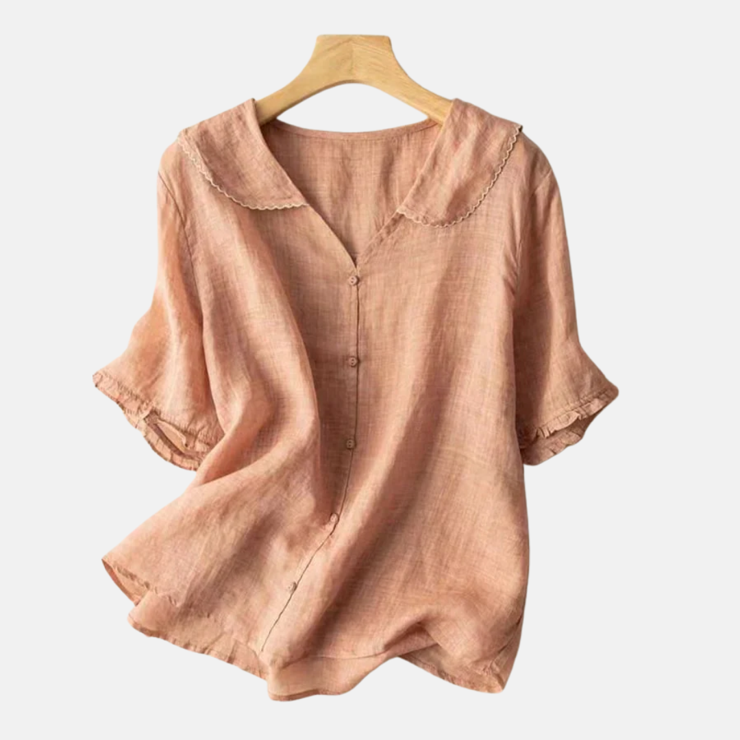 Elegant women's vintage doll collar blouse with short sleeves, perfect for summer casual chic fashion.