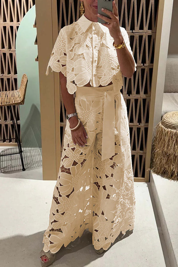 Elegant women's white eyelet two-piece set with ruffle sleeves, perfect for summer brunch or garden parties.