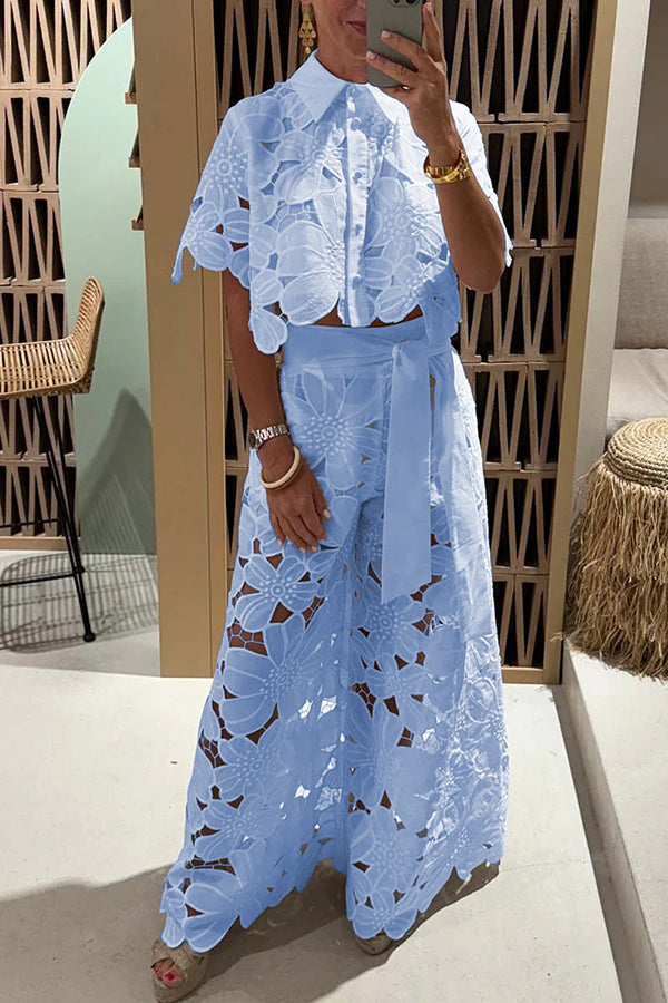 Romantic women's eyelet coordinated set with ruffle sleeves, ideal for casual summer outings and versatile styling.