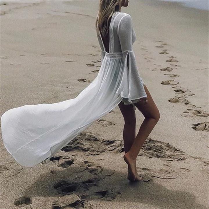 Stylish women's white open back maxi dress, perfect for beach, vacation, resort wear, and summer elegance.